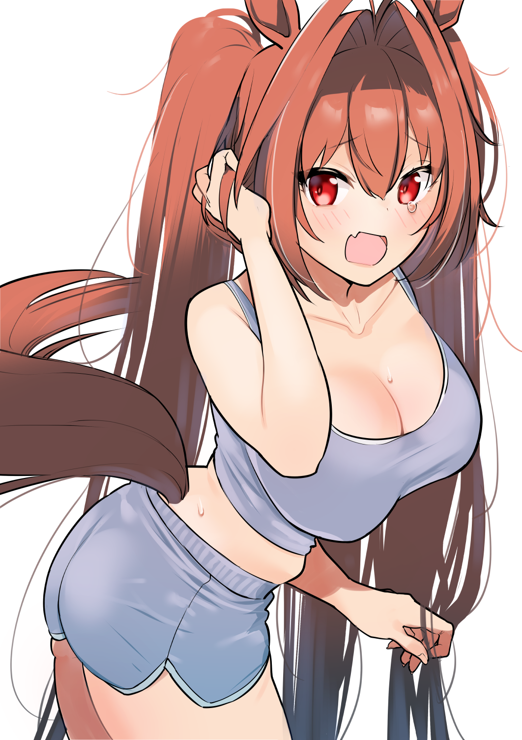 1girl :o alternate_costume animal_ears ass blush breasts brown_hair casual cleavage crying daiwa_scarlet_(umamusume) fang grey_shorts grey_tank_top hair_intakes highres horse_ears horse_tail large_breasts long_hair omucchan_(omutyuan) red_eyes shorts simple_background solo tail tank_top twintails umamusume very_long_hair white_background