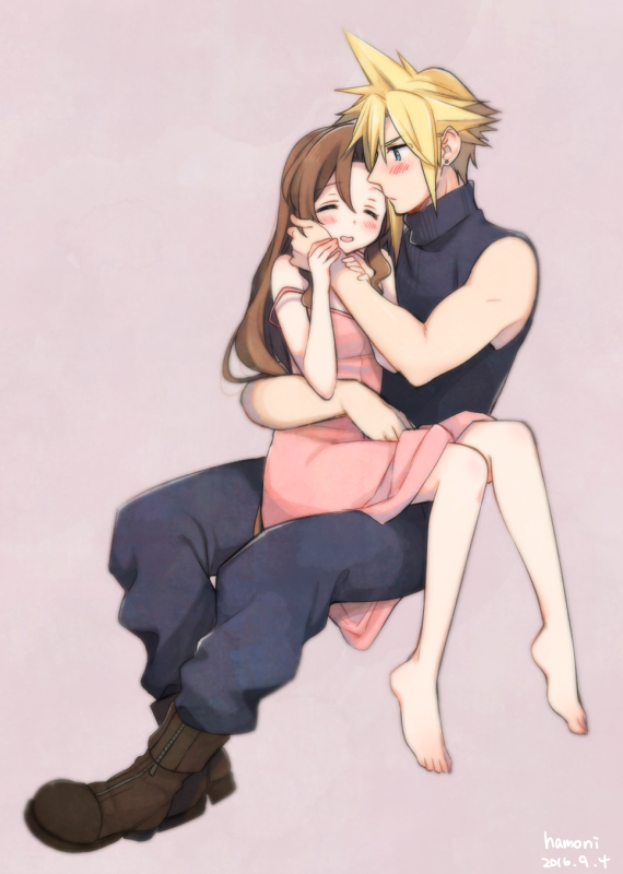 1boy 1girl aerith_gainsborough arm_around_waist artist_name baggy_pants bangs bare_arms barefoot blonde_hair blue_eyes blue_pants blue_shirt blush boots breasts brown_footwear brown_hair closed_eyes cloud_strife couple dated dress earrings final_fantasy final_fantasy_vii full_body hair_between_eyes hair_down hand_on_another's_cheek hand_on_another's_face holding_hands jewelry krudears long_dress long_hair looking_at_another pants parted_bangs pink_background pink_dress shirt short_hair sidelocks single_earring sitting sitting_on_lap sitting_on_person sleeveless sleeveless_turtleneck spiked_hair strap_slip turtleneck wavy_hair