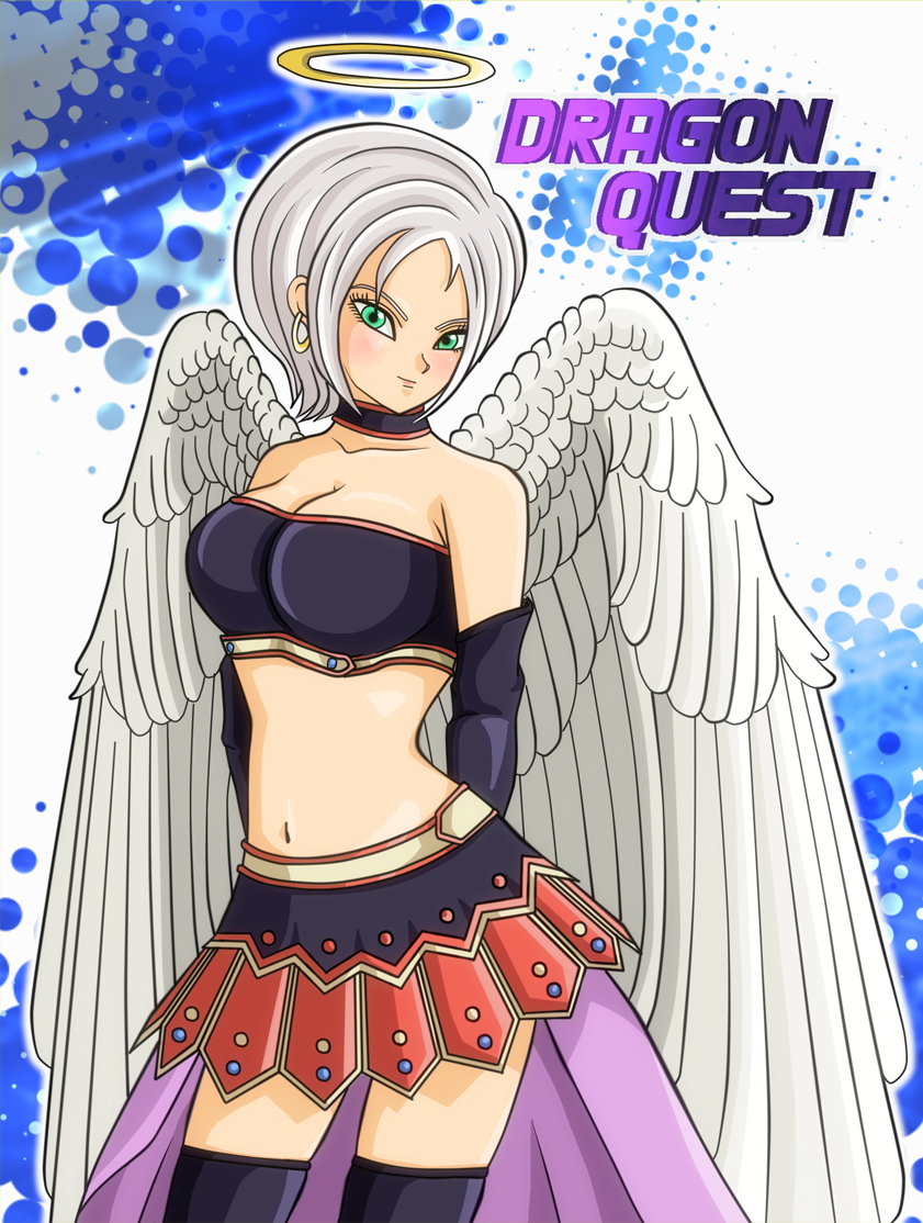 angel_wings breasts bridal_gauntlets choker cleavage dragon_quest dragon_quest_ix earrings elbow_gloves gloves green_eyes halo jewelry large_breasts midriff nene_(bazura66) raviel short_hair silver_hair skirt thighhighs wings