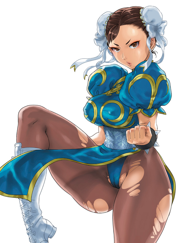 breasts brown_hair bun_cover cameltoe china_dress chinese_clothes chun-li covered_nipples double_bun dress large_breasts legs nanboku pantyhose pelvic_curtain short_hair solo street_fighter thick_thighs thighs torn_clothes torn_legwear