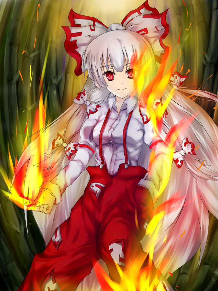 bad_id bad_pixiv_id bamboo bamboo_forest bow fire forest fujiwara_no_mokou hair_bow long_hair nature panties poini_(king-scarlet-dead) red_eyes solo touhou underwear