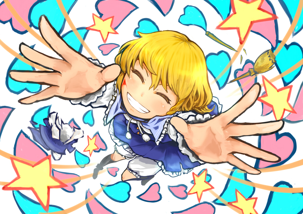 blonde_hair blood bloomers broken broom capelet closed_eyes cuts foreshortening from_above grin hands happy heart injury kirisame_marisa kouzilow outstretched_hand perspective smile solo star touhou underwear