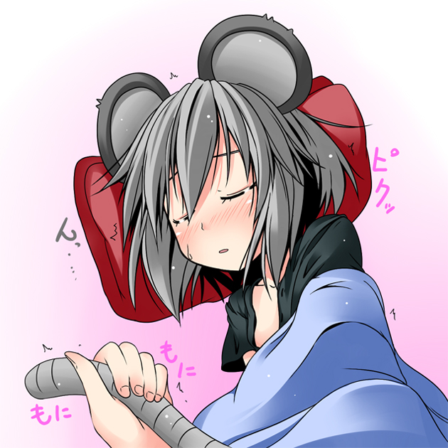 animal_ears blush closed_eyes grey_hair holding_another's_tail ichimi mouse_ears mouse_tail nazrin pillow sleeping solo_focus tail tail_grab touhou trembling