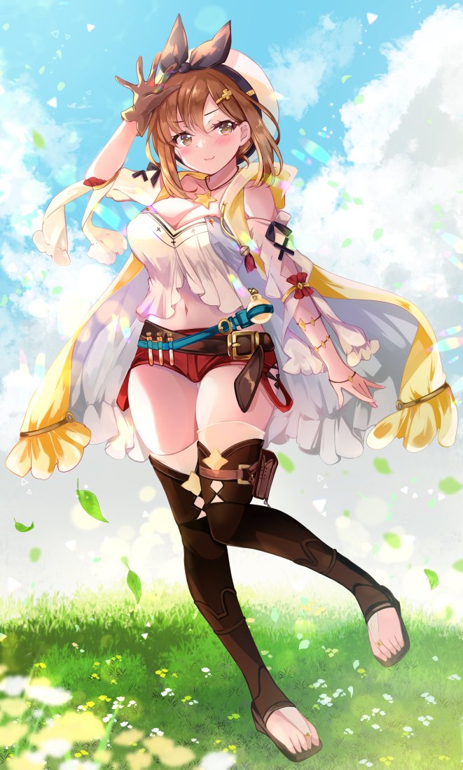 1girl atelier_(series) atelier_ryza beret black_bow blush boots bow breasts bridal_legwear brown_eyes brown_footwear brown_gloves brown_hair cleavage cloud full_body gloves hair_ornament hairclip hat hat_bow ichiyou_moka jewelry leaf light_smile looking_at_viewer navel necklace open_mouth outdoors red_shorts reisalin_stout revision short_hair short_shorts shorts single_glove sky smile solo standing standing_on_one_leg star_(symbol) star_necklace thigh_boots thighhighs toeless_footwear white_headwear