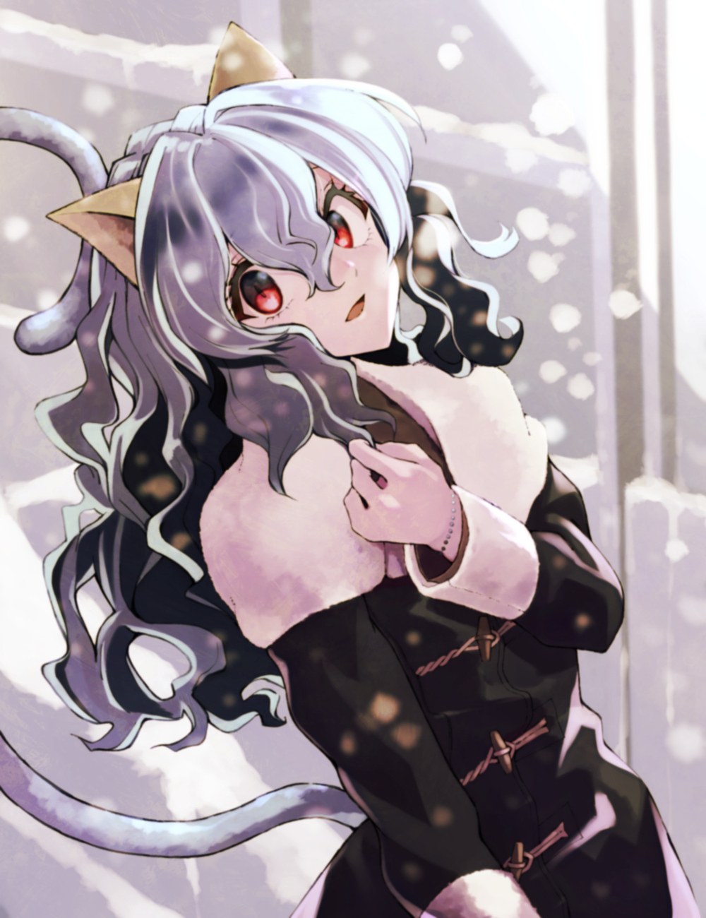 1girl :d animal_ears bangs black_coat blue_hair bracelet cat_ears cat_tail coat curly_hair fur-trimmed_sleeves fur_trim hair_between_eyes highres hunter_x_hunter jewelry leaning_back long_hair long_sleeves looking_at_viewer neferpitou outdoors red_eyes smile snowing solo tail yagisawa_teru