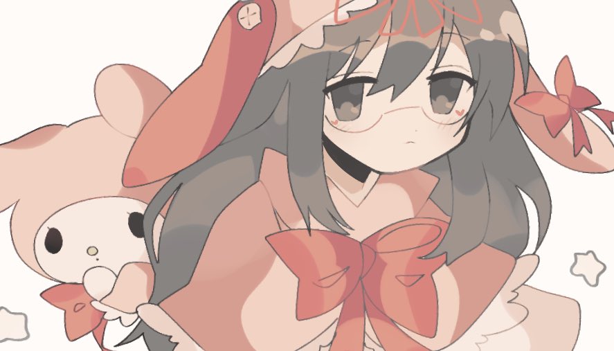 1girl alternate_costume bow bowtie brown_eyes brown_hair crossover glasses heart long_hair minakami_mai my_melody myajou9 nichijou onegai_my_melody red_bow red_bowtie simple_background star_(symbol)