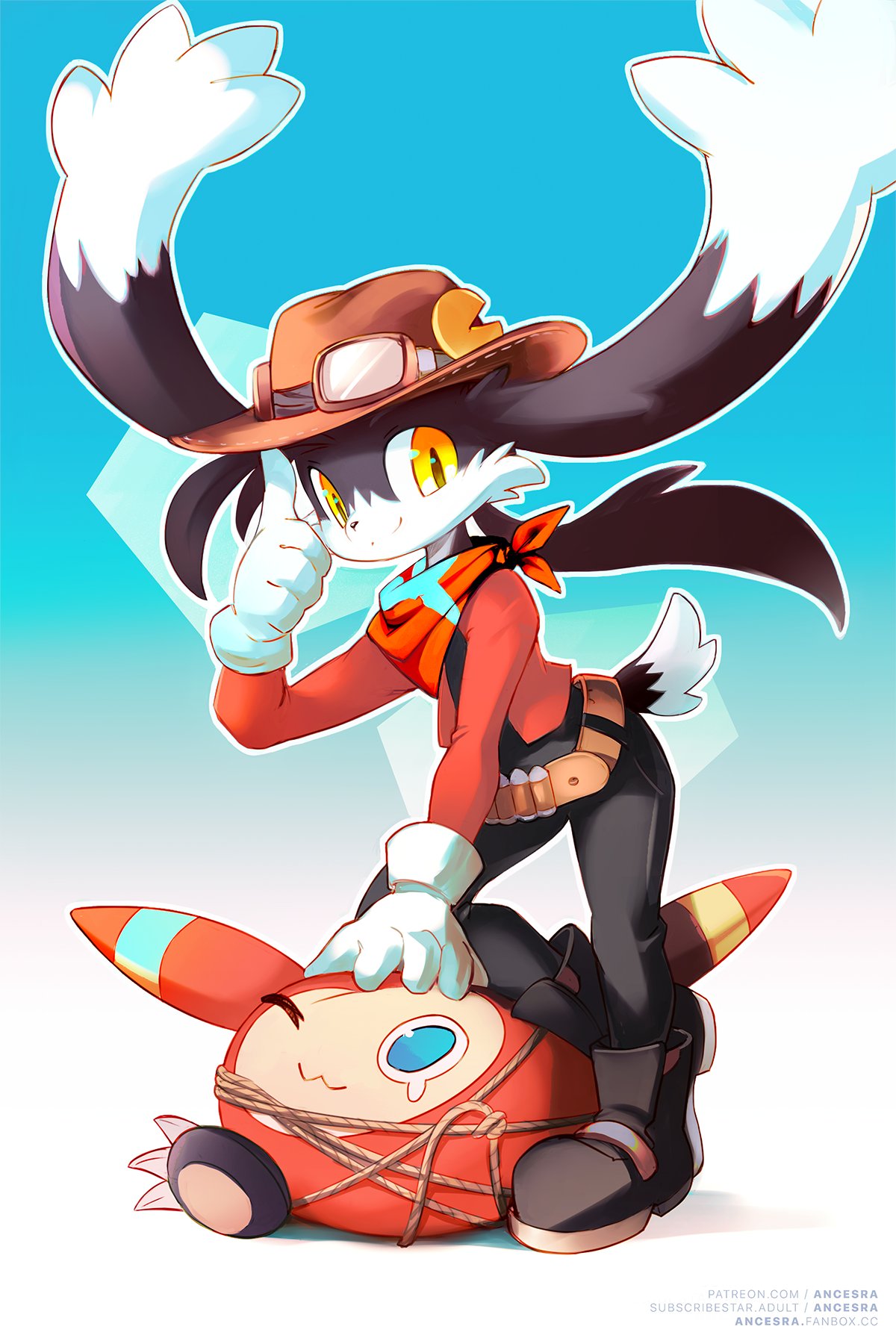 2022 2:3 5_fingers ancesra bandanna black_bottomwear black_clothing black_pants boots bottomwear clothing cosplay domestic_cat felid feline felis fingers floppy_ears footwear gradient_background guntz hat headgear headwear hi_res hybrid kerchief klonoa klonoa_(series) lagomorph lasso leporid male mammal pants rabbit red_clothing red_topwear rope simple_background smile solo topwear video_games