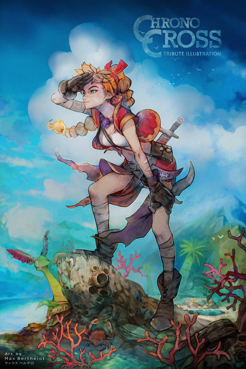 1girl artist_name bag bandaged_leg bandages bangs bead_necklace beads belt blonde_hair blue_eyes blue_sky body_markings boots breasts brown_footwear chrono_cross cloud cloudy_sky coral creature crop_top cropped_jacket dagger facial_mark full_body hair_ribbon highres holding holding_dagger holding_weapon jacket jewelry kid_(chrono_cross) knife leg_up long_hair looking_afar makushiro medium_breasts midriff miniskirt multi-tied_hair necklace outdoors palm_tree ponytail red_jacket red_ribbon red_skirt ribbon shading_eyes shirt short_sleeves shoulder_bag skirt sky smile solo steel-toe_boots tree weapon white_shirt