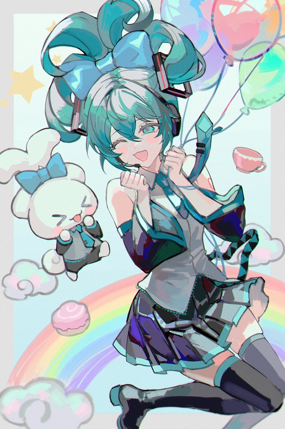 &gt;_&lt; 1girl :d aqua_eyes aqua_hair aqua_necktie balloon bangs black_footwear black_skirt black_sleeves blue_bow blush boots bow cinnamiku cinnamoroll clenched_hands cloud collared_shirt commentary_request crossover cup detached_sleeves foot_out_of_frame grey_shirt hair_between_eyes hair_bow hatsune_miku headset highres holding holding_balloon looking_at_another lunar_(lunar_815) matching_outfit necktie one_eye_closed parted_lips pleated_skirt rainbow sanrio shirt skirt sleeveless sleeveless_shirt smile star_(symbol) teacup thigh_boots tie_clip updo vocaloid