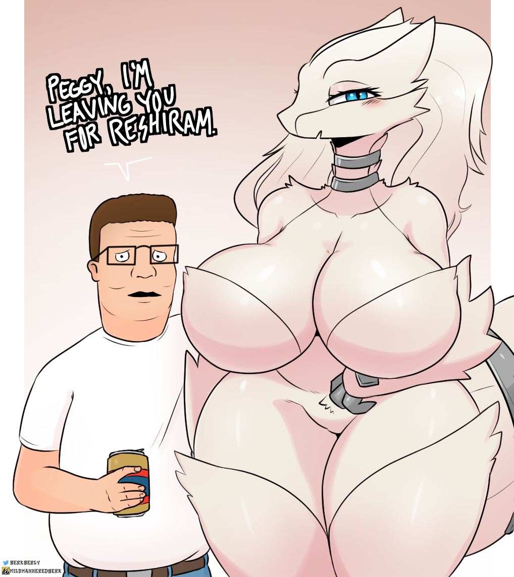 2022 anthro berkthejerk beverage_can big_breasts blue_eyes blush bottomwear breasts clothing digital_media_(artwork) duo english_text eyewear female generation_5_pokemon glasses hank_hill human king_of_the_hill legendary_pokemon male mammal nintendo pants pokemon pokemon_(species) reshiram shirt text topwear video_games white_clothing white_shirt white_topwear