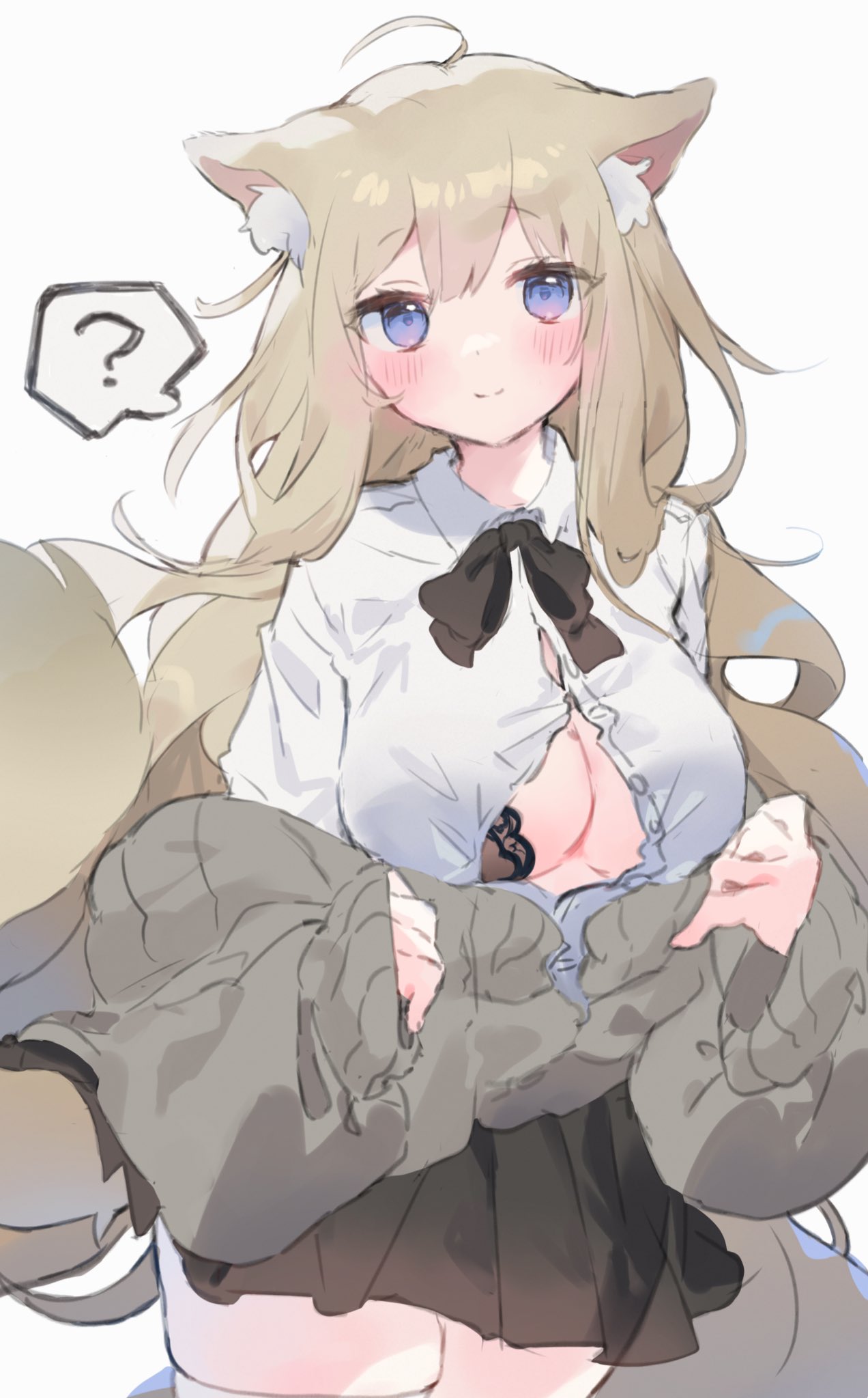 1girl ? ahoge animal_ear_fluff animal_ears black_bow black_bowtie black_skirt blush bow bowtie breasts brown_cardigan brown_hair cardigan closed_mouth commentary fox_ears fox_tail highres large_breasts long_hair looking_at_viewer o_(jshn3457) off_shoulder original school_uniform shirt simple_background skirt smile solo speech_bubble tail thighhighs unbuttoned very_long_hair white_background white_shirt white_thighhighs zettai_ryouiki