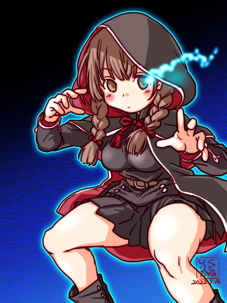 1girl artist_logo belt black_capelet black_dress black_footwear boots braid breasts brown_belt brown_hair capelet commentary_request dated dress feet_out_of_frame glowing glowing_eye hood hood_up hooded_capelet kantai_collection kutone_shirika large_breasts long_hair looking_at_viewer pleated_dress pose red_ribbon ribbon shinshuu_maru_(kancolle) solo twin_braids