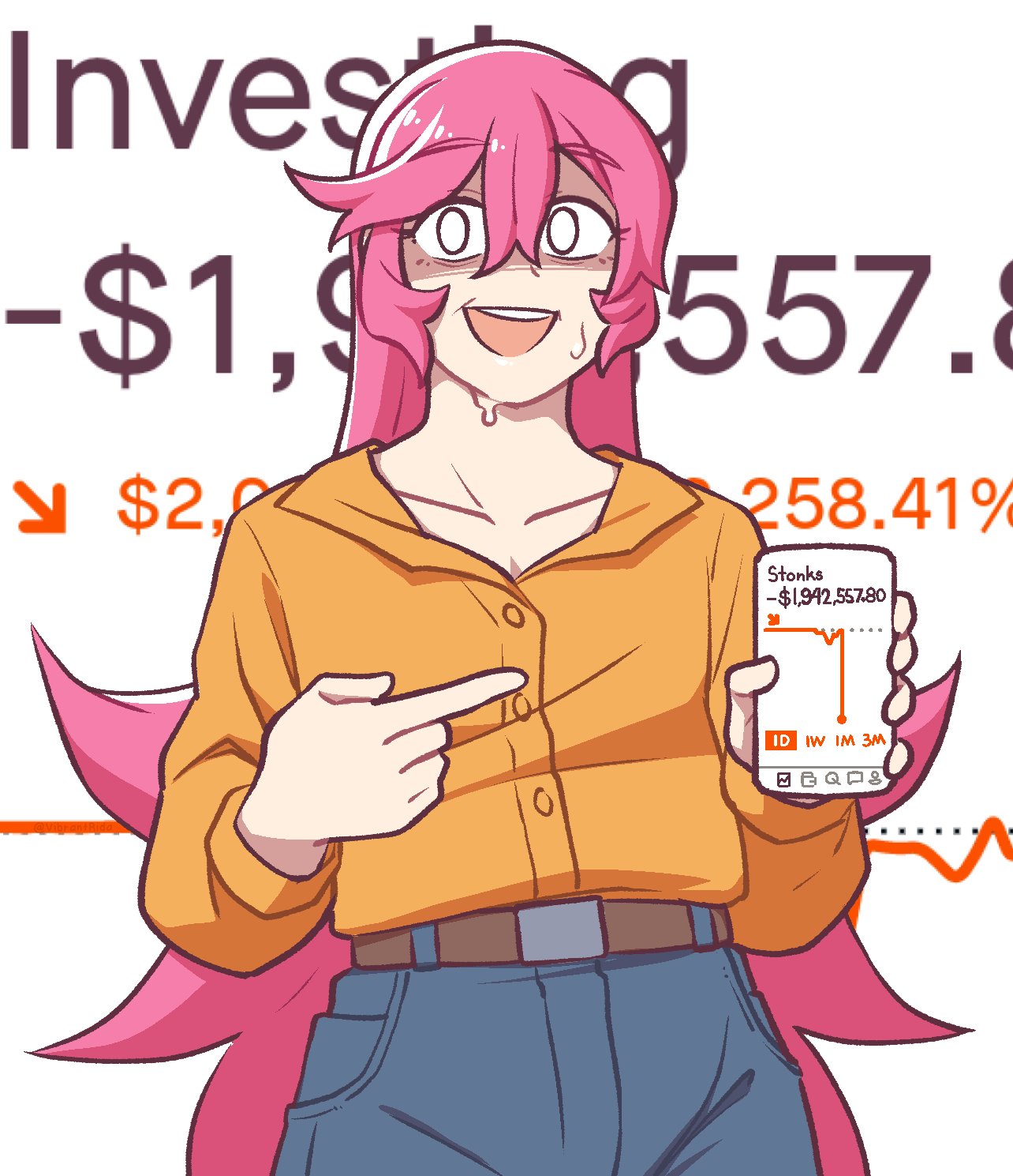 1girl bangs belt blue_pants buttons cellphone collared_shirt commentary english_commentary flat_chest graph hair_between_eyes hands_up highres holding holding_phone long_hair long_sleeves looking_at_viewer meme messy_hair nervous nervous_smile open_mouth orange_shirt original pants phone pink_hair pocket pointing shirt shirt_tucked_in sidelocks smartphone solo standing stonks_(meme) sweat teeth text_background very_long_hair vibrantrida white_eyes