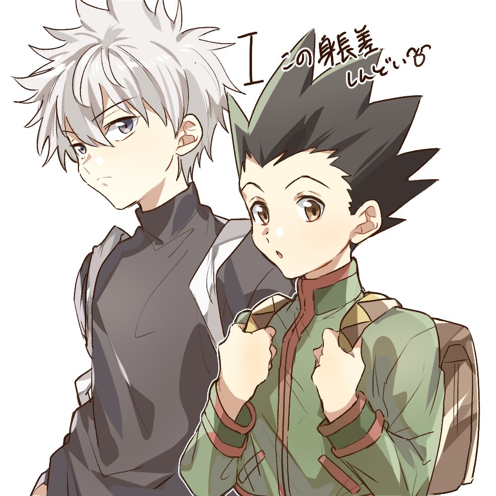 2boys :o backpack bag black_hair brown_eyes frown gon_freecss grey_eyes grey_hair hunter_x_hunter killua_zoldyck male_focus multiple_boys saba_miso spiked_hair translation_request turtleneck