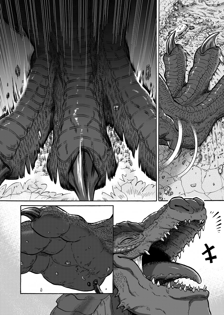 2022 3_toes ambiguous_gender barefoot bird's-eye_view comic feet foot_focus gaping_mouth godzilla_(series) greyscale hi_res high-angle_view macro monochrome motion_lines open_mouth raised_foot roaring sharp_teeth soles stuck_to_foot tatugon teeth toes toho tongue zilla