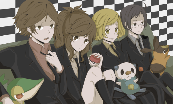 2boys 2girls ahoge bel_(pokemon) bell_(pokemon) black_(pokemon) black_hair blonde_hair bored brown_eyes brown_hair cheren_(pokemon) couch formal glasses long_hair mijumaru multiple_boys multiple_girls open_mouth oshawott pokabu poke_ball pokeball pokemon pokemon_(game) pokemon_black_and_white pokemon_bw ponytail short_hair sitting suit touko_(pokemon) touya_(pokemon) tsutaaja white_(pokemon) yellow_eyes