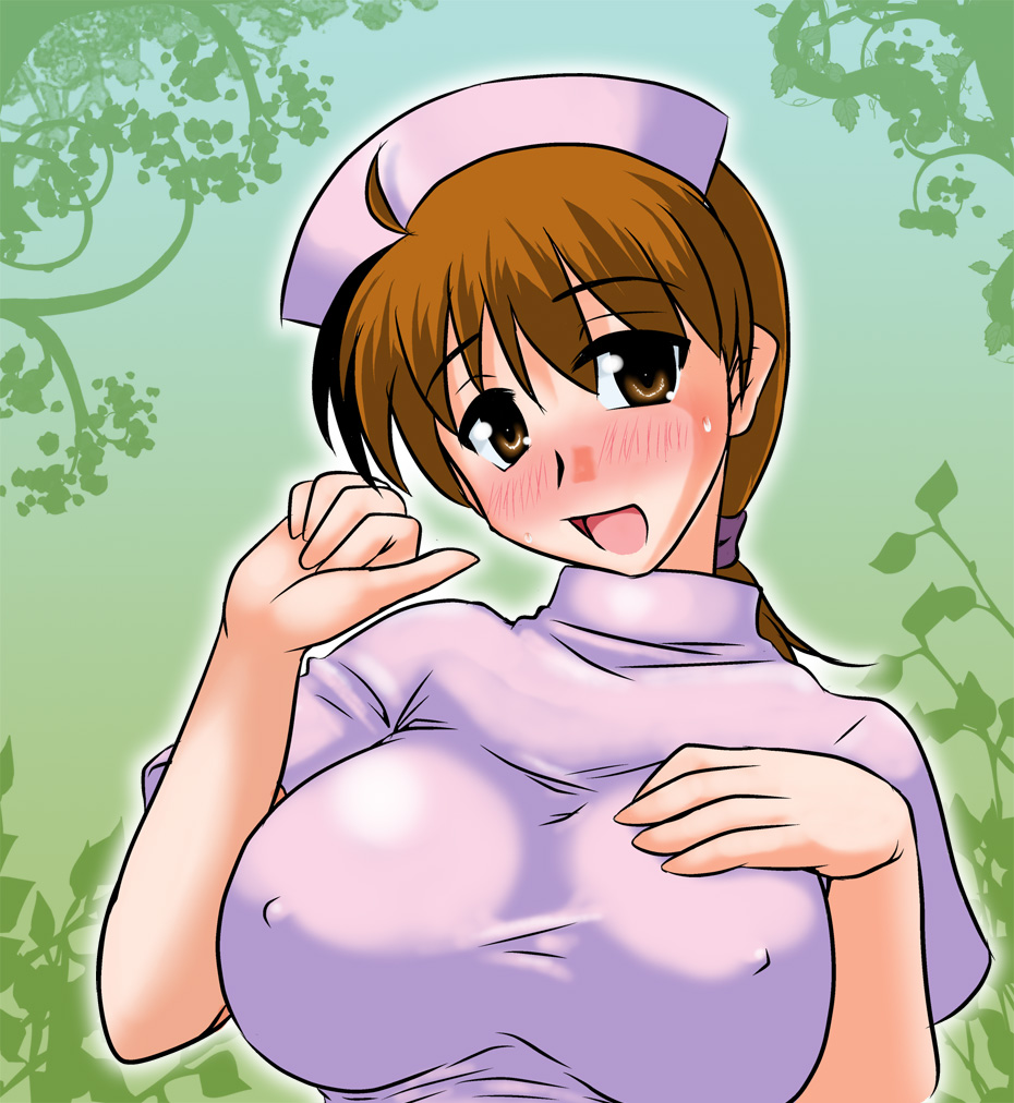 breasts brown_eyes brown_hair character_request hanako_(pokemon) large_breasts nipples nurse pokemon ponytail smile