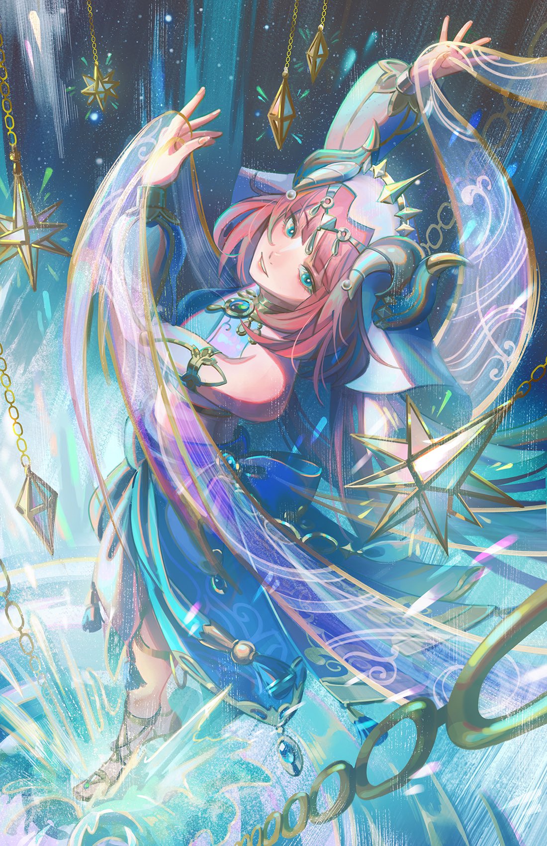 1girl bangs barefoot_sandals blue_shirt blue_veil chain cropped_shirt dancer dancing detached_sleeves from_above genshin_impact highres holding_cloth horns jwijaya_art looking_to_the_side nilou_(genshin_impact) open_hands parted_lips red_hair shirt solo space star_(sky) veil water