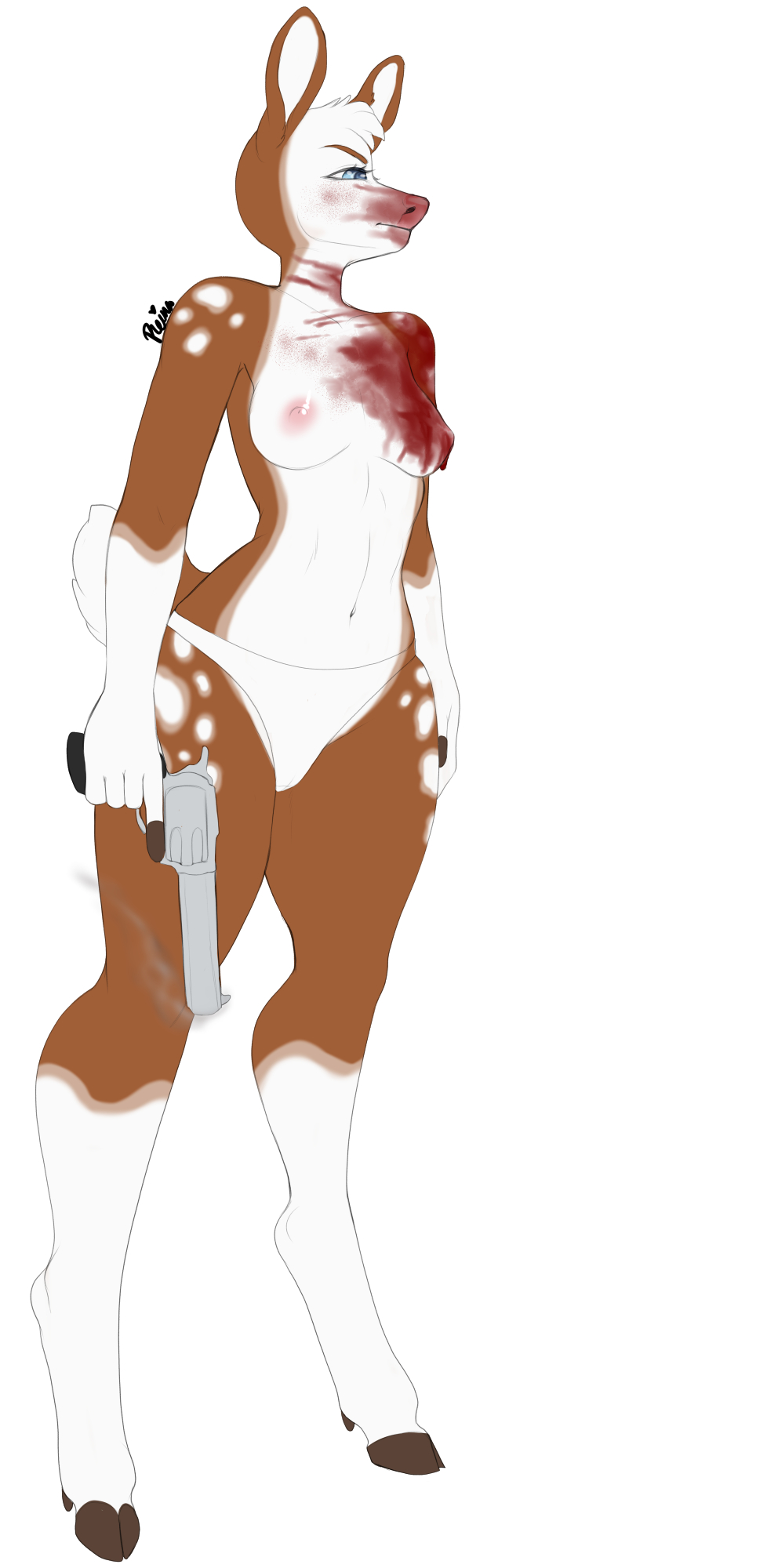 angry anthro barechested blood blood_on_breast blood_on_face blue_eyes bodily_fluids breasts cervid clothed clothing countershading crossed_legs ears_up evidence_of_violence female gun handgun hi_res hooves humanoid_fingers humanoid_hands mammal narrowed_eyes nipples panties pink_nipples pink_nose ranged_weapon reina. revolver simple_background smeared_blood smoking_gun solo spots standing topless topless_female underwear violence weapon white_background white_clothing white_panties white_spots white_underwear