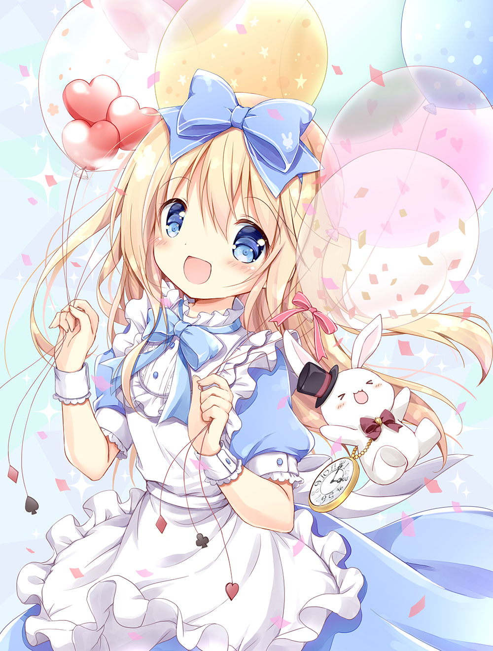 &gt;_&lt; 1girl :d alice_(alice_in_wonderland) alice_in_wonderland animal apron balloon bangs black_headwear blonde_hair blue_bow blue_dress blue_eyes blush bow closed_eyes club_(shape) commentary_request confetti diamond_(shape) dress frilled_apron frills hair_between_eyes hair_bow hat heart heart_balloon highres holding holding_balloon long_hair looking_at_viewer mini_hat mini_top_hat nanase_miori pocket_watch puffy_short_sleeves puffy_sleeves rabbit short_sleeves smile spade_(shape) tilted_headwear top_hat transparent very_long_hair watch white_apron white_rabbit_(alice_in_wonderland) wrist_cuffs xd