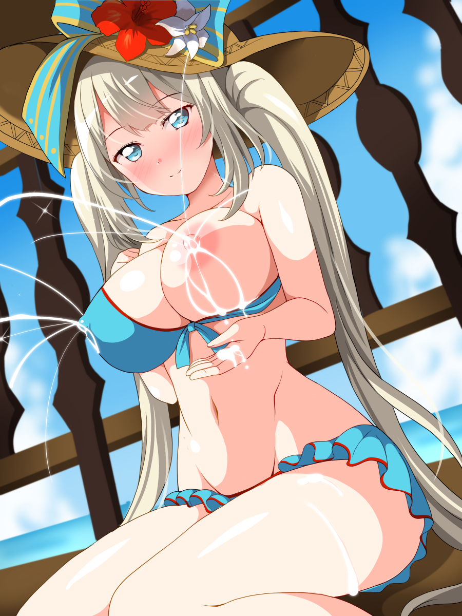 1girl bangs bare_arms bare_legs bikini blue_bikini blue_sky blush breasts closed_mouth collarbone commentary_request covered_nipples day deego_(omochi_bazooka) fate/grand_order fate_(series) flower hat hat_flower hat_ribbon highres horizon lactation lactation_through_clothes large_breasts light_brown_hair long_hair looking_at_viewer marie_antoinette_(fate) marie_antoinette_(swimsuit_caster)_(fate) navel nipples ocean outdoors perky_breasts projectile_lactation ribbon shiny shiny_skin sidelocks sitting sky smile solo stomach sun_hat swimsuit thighs twintails very_long_hair