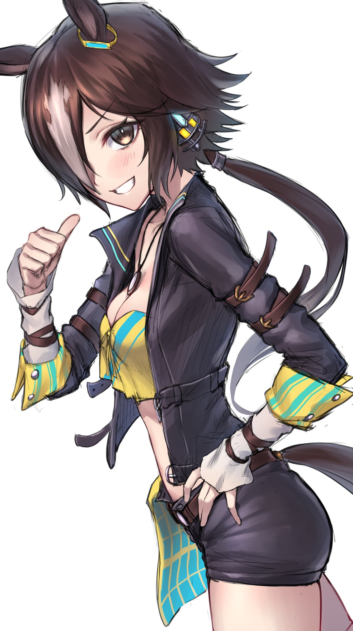 1girl \||/ animal_ears belt black_shorts breasts brown_hair cleavage collared_jacket commentary constricted_pupils cowboy_shot crop_top ear_ornament grin hair_ornament hand_on_hip highres horse_ears horse_girl horse_tail long_hair monegi petite short_hair shorts simple_background sirius_symboli_(umamusume) small_breasts smile solo tail thumbs_up umamusume white_background white_hair wrist_cuffs yellow_eyes