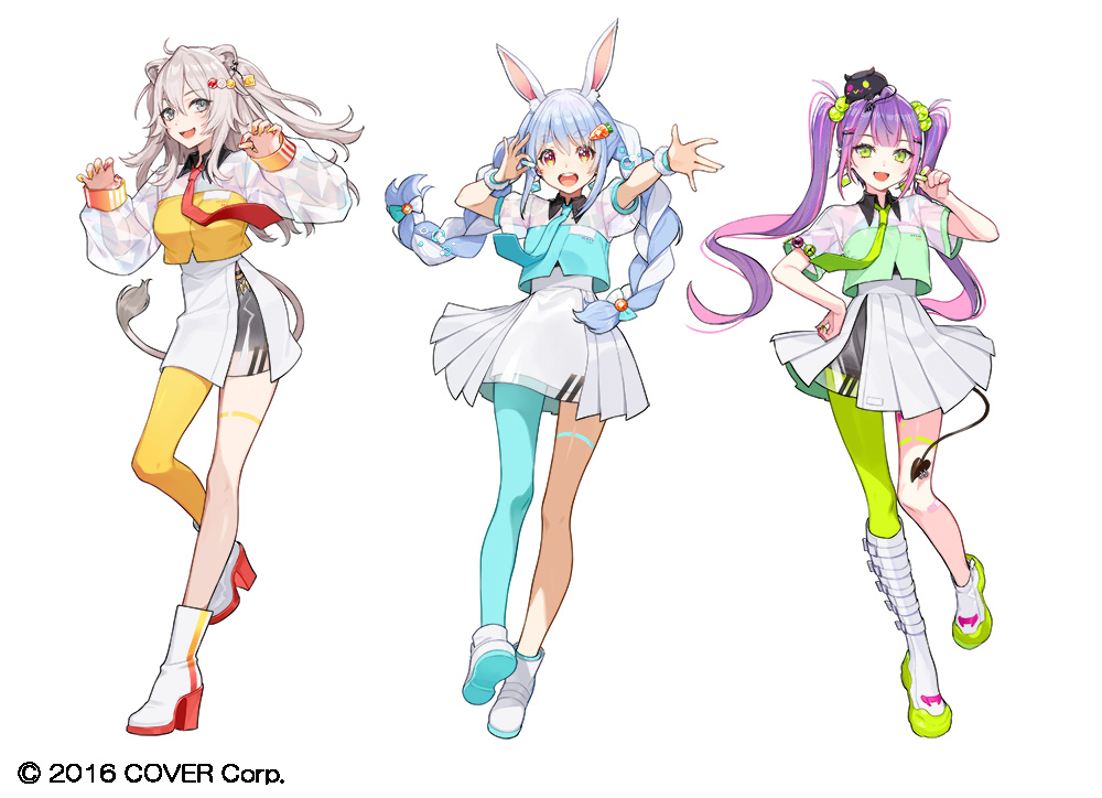 3girls :d animal_ear_fluff animal_ears asymmetrical_footwear bibi_(tokoyami_towa) blue_hair blue_jacket blue_necktie blue_pantyhose boots braid carrot_hair_ornament commentary_request crop_top food-themed_hair_ornament green_eyes green_jacket green_necktie green_pantyhose grey_eyes grey_hair hair_ornament hand_up high_heel_boots high_heels hololive jacket lion_ears lion_girl lion_tail long_hair long_sleeves multicolored_hair multiple_girls necktie on_head pantyhose pink_hair pleated_skirt puffy_long_sleeves puffy_short_sleeves puffy_sleeves purple_hair rabbit_ears red_necktie see-through see-through_sleeves shishiro_botan short_sleeves simple_background single_boot single_leg_pantyhose skirt sleeves_past_wrists smile streaked_hair tail tokoyami_towa twin_braids twintails two-tone_hair usada_pekora very_long_hair virtual_youtuber white_background white_footwear white_hair white_skirt yellow_jacket yellow_pantyhose yuu_(higashi_no_penguin)