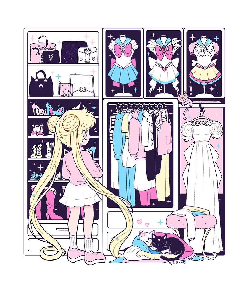 artemis_(sailor_moon) bishoujo_senshi_sailor_moon black_cat blonde_hair blue_footwear blue_skirt boots cat closet dress jacket long_hair luna_(sailor_moon) mamobot pink_footwear sailor_moon skirt sleeping tsukino_usagi white_cat white_dress white_jacket white_skirt