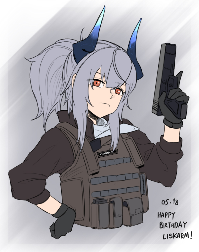 1girl arknights black_gloves black_shirt brown_vest character_name dated dokonjou_(odossan) dragon_girl dragon_horns frown gloves grey_background grey_hair gun hand_on_hip hand_up handgun happy_birthday holding holding_gun holding_weapon horns liskarm_(arknights) long_sleeves looking_at_viewer orange_eyes ponytail shirt simple_background solo split_mouth tactical_clothes trigger_discipline vest weapon