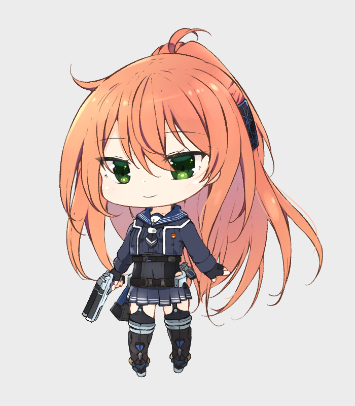 1girl ankle_boots bangs black_thighhighs boots buttons cardigan chibi collarbone finger_on_trigger fingerless_gloves full_body garter_straps gloves green_eyes gun hair_between_eyes hair_ornament handgun hmcs_athabaskan_(g07) holding holding_gun holding_weapon knee_pads leg_up long_hair long_sleeves myuto_(advent_retribution) orange_hair original personification ponytail propeller rigging royal_canadian_navy sailor_collar solo steel-toe_boots thighhighs transparent_background weapon