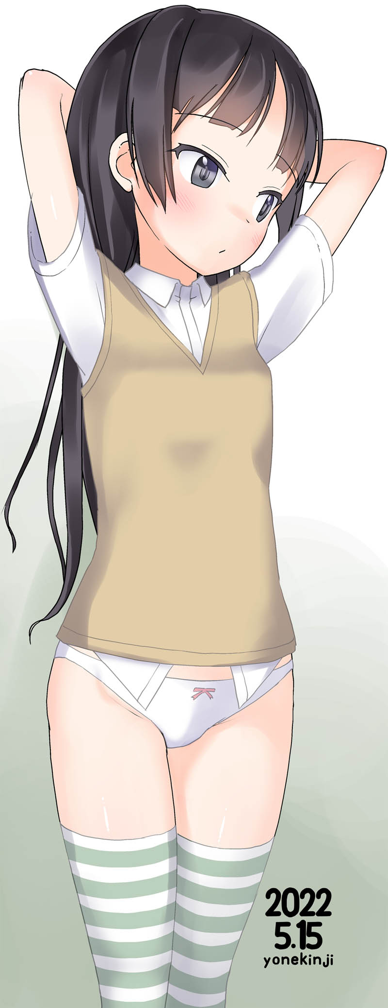 1girl arms_behind_head arms_up artist_name bangs black_hair bow bow_panties collared_shirt dated dress_shirt grey_eyes highres long_hair looking_away looking_to_the_side no_pants original panties shirt short_sleeves solo standing striped striped_thighhighs sweater_vest thighhighs underwear very_long_hair white_panties white_shirt yone_kinji
