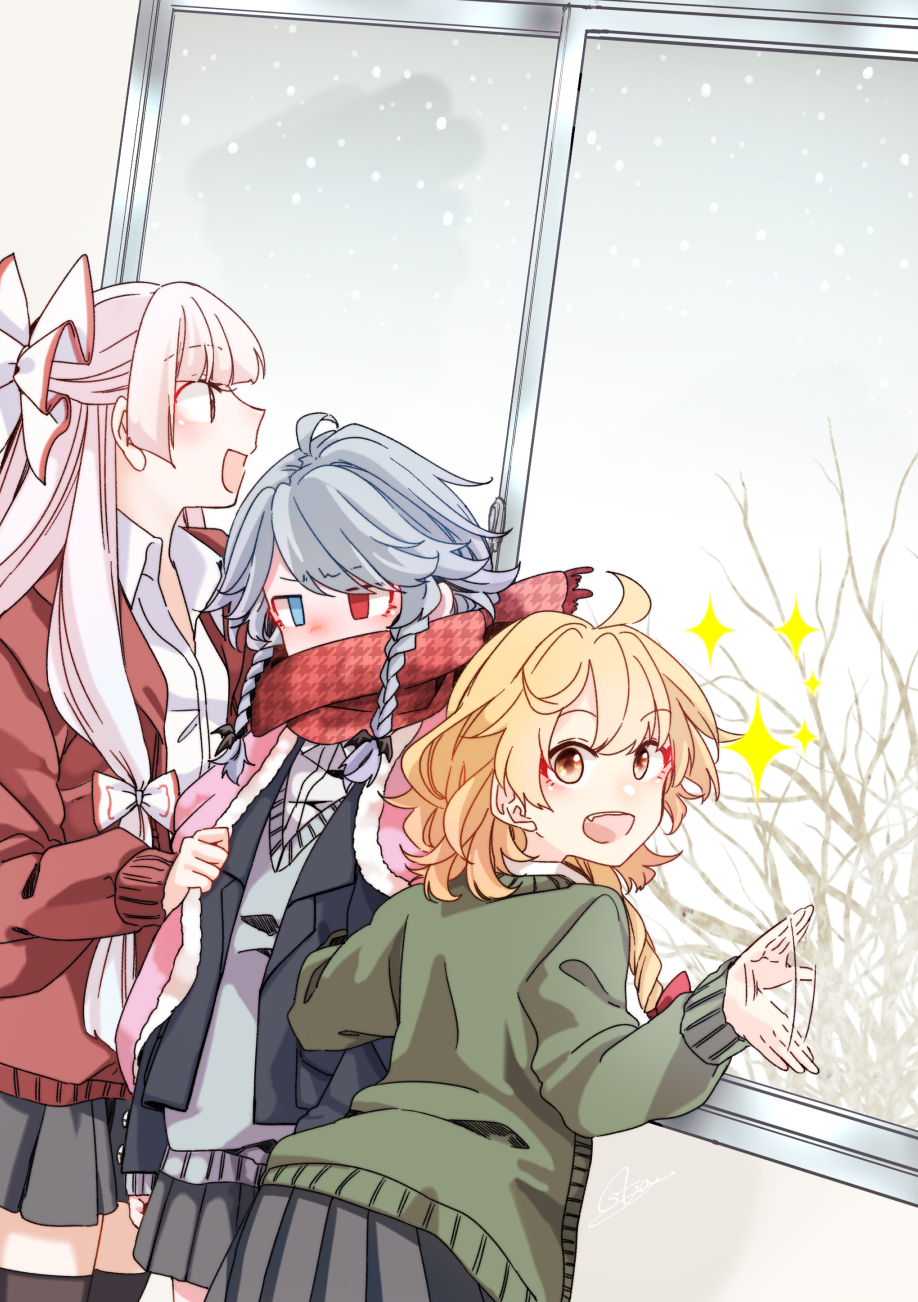 3girls bangs black_thighhighs blonde_hair blue_eyes blush bow braid calling collared_shirt fujiwara_no_mokou grey_hair hair_bow heterochromia highres izayoi_sakuya kirisame_marisa long_hair long_sleeves looking_at_viewer miniskirt motion_lines multiple_girls open_mouth pleated_skirt pointing red_eyes red_scarf scarf school_uniform shirt signature skirt snowing souta_(karasu_no_ouchi) sparkle sweater_vest thighhighs touhou twin_braids white_shirt window wing_collar yellow_eyes