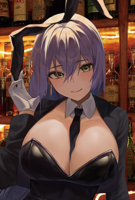 1girl alcohol animal_ears bar bburi between_breasts breasts detached_collar earrings gloves green_eyes hair_between_eyes jewelry large_breasts looking_at_viewer necktie original playboy_bunny purple_hair rabbit_ears siki smile solo