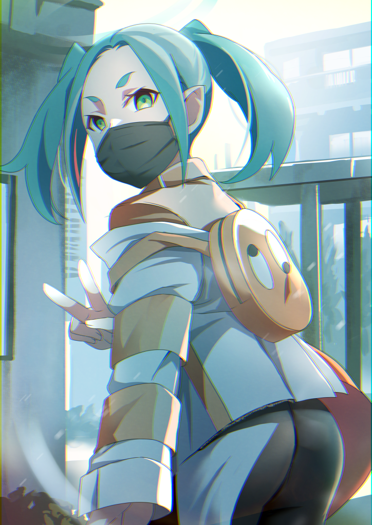 1girl ass backpack bag bakemonogatari bangs black_mask black_shorts blue_hair commentary_request forehead gesugesu_ahoaho green_eyes jacket long_sleeves looking_at_viewer looking_back monogatari_(series) ononoki_yotsugi orange_bag outdoors parted_bangs railing shorts solo twintails white_jacket