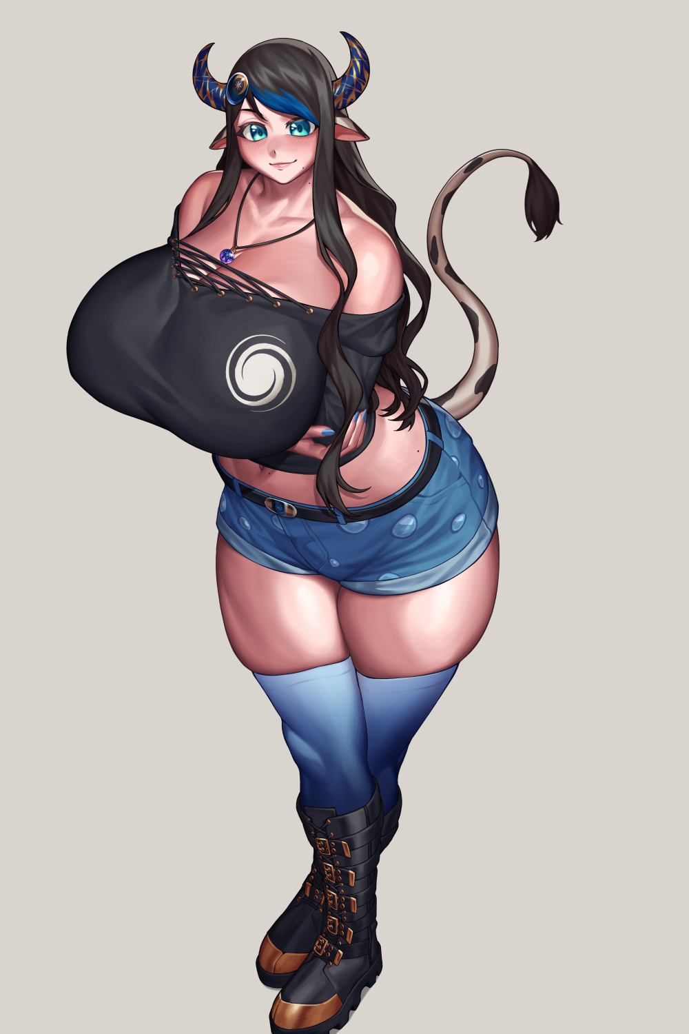 2022 2:3 animal_humanoid arms_under_breasts belt big_breasts black_hair blue_eyes boots bovid bovid_humanoid bovine bovine_humanoid breasts cattle_humanoid cinko clothing female footwear grey_background hair hi_res horn horned_humanoid huge_breasts humanoid jewelry looking_at_viewer mammal mammal_humanoid necklace simple_background solo squish standing tail_tuft thigh_squish tuft