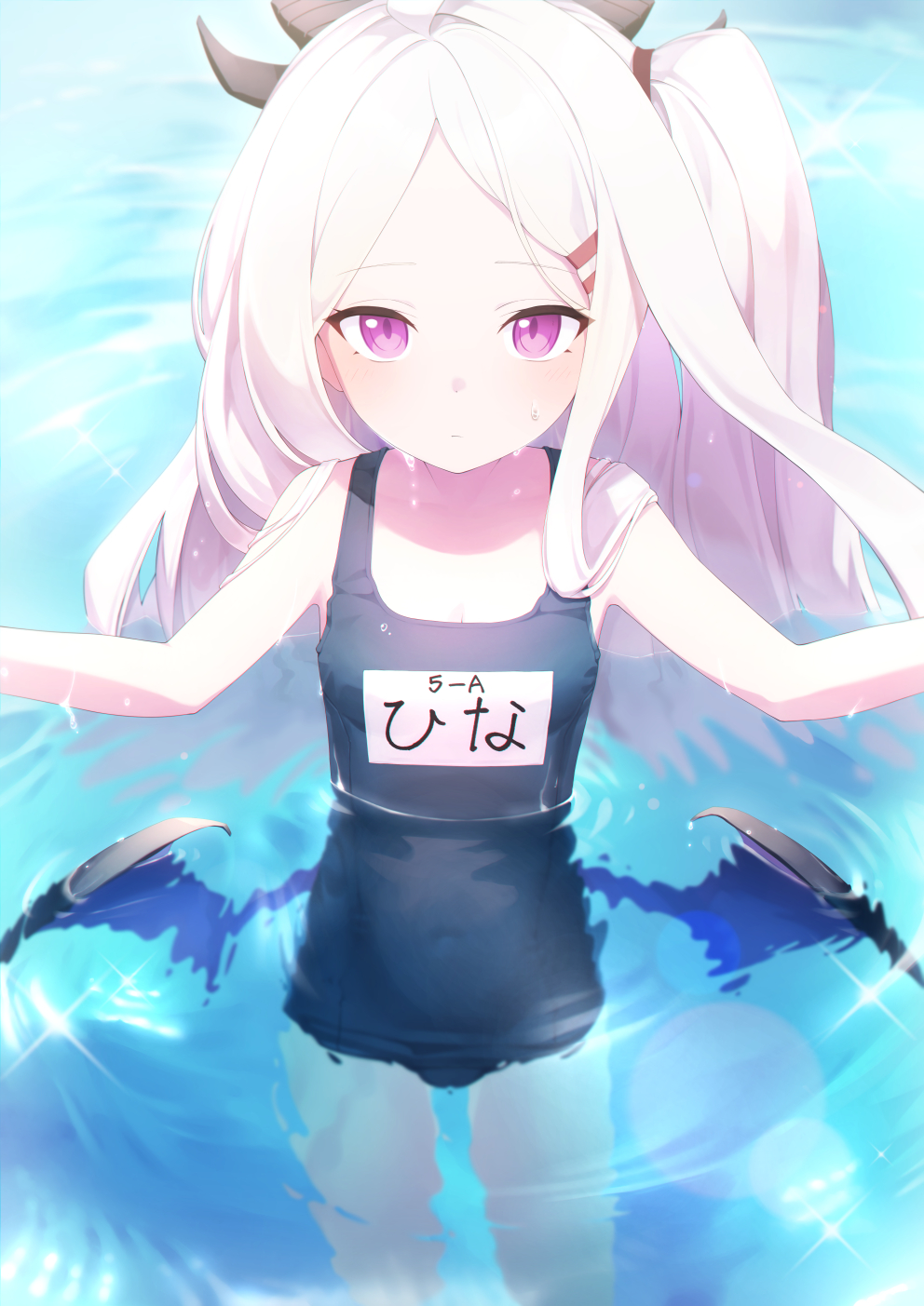 1girl arms_up blue_archive blue_one-piece_swimsuit dabuki demon_horns demon_wings hair_ornament hairclip highres hina_(blue_archive) hina_(swimsuit)_(blue_archive) horns long_hair looking_at_viewer low_wings name_tag one-piece_swimsuit outdoors partially_submerged pink_eyes school_swimsuit solo swimsuit very_long_hair water wet white_hair wings