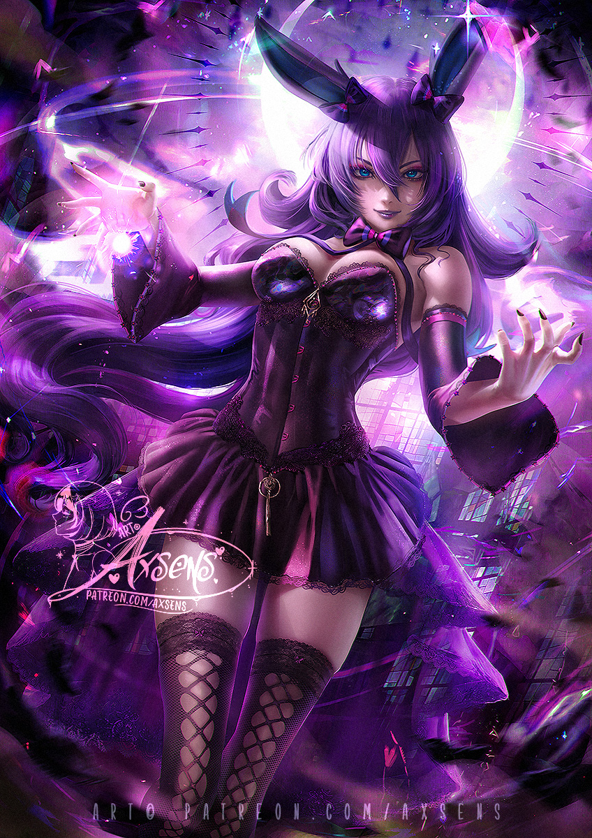 1girl axsen bangs banned_artist black_nails black_thighhighs blue_eyes bow bowtie breasts cleavage detached_sleeves dress floating_hair hair_between_eyes highres long_hair looking_at_viewer medium_breasts nail_polish parted_lips personification pleated_dress pokemon purple_bow purple_bowtie purple_dress purple_eyes purple_hair purple_sleeves short_dress smile solo standing strapless strapless_dress sylveon thighhighs very_long_hair watermark zettai_ryouiki