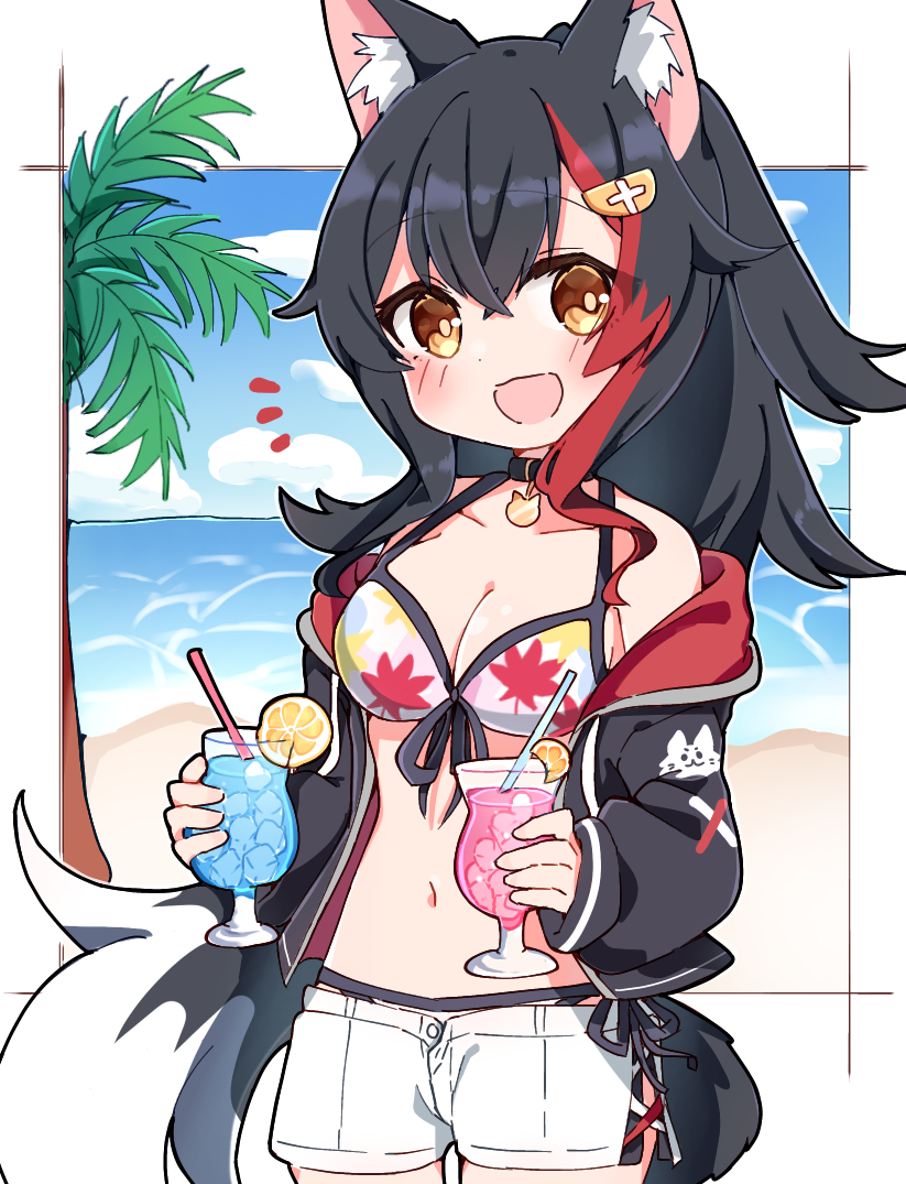 1girl :d animal_collar animal_ears bare_shoulders beach bikini bikini_shorts bikini_under_clothes black_collar black_hair black_jacket blush breasts chibi cleavage collar flipped_hair floral_print front-tie_bikini_top front-tie_top hair_ornament hairclip hololive hood hooded_jacket jacket long_hair long_sleeves looking_at_viewer multicolored_hair official_alternate_costume ookami_mio open_clothes open_jacket ponytail rabiiandrain red_hair shirt shorts sleeveless sleeveless_shirt smile solo spiked_hair streaked_hair swimsuit tail tropical_drink very_long_hair virtual_youtuber white_bikini white_hair white_shorts wolf_ears wolf_girl wolf_tail yellow_eyes