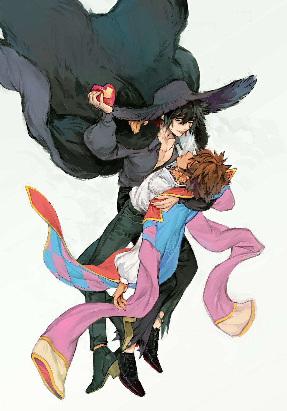 2boys arm_around_shoulder black_cape black_footwear black_hair black_headwear black_pants brown_hair cape closed_eyes collared_shirt cosplay dress_shoes floating frilled_shirt frills full_body fur_cape grey_shirt hair_between_eyes hat heart highres holding holding_heart howl_(howl_no_ugoku_shiro) howl_(howl_no_ugoku_shiro)_(cosplay) howl_no_ugoku_shiro jacket jacket_on_shoulders jewelry kingdom_hearts long_sleeves looking_at_viewer multicolored_clothes multicolored_jacket multiple_boys necklace open_clothes open_shirt pants parted_lips pectorals puffy_long_sleeves puffy_sleeves red_nails rouwan shirt short_hair smile sora_(kingdom_hearts) spiked_hair sun_hat vanitas white_background white_shirt wide_brim witch_of_the_waste witch_of_the_waste_(cosplay) yaoi yellow_eyes