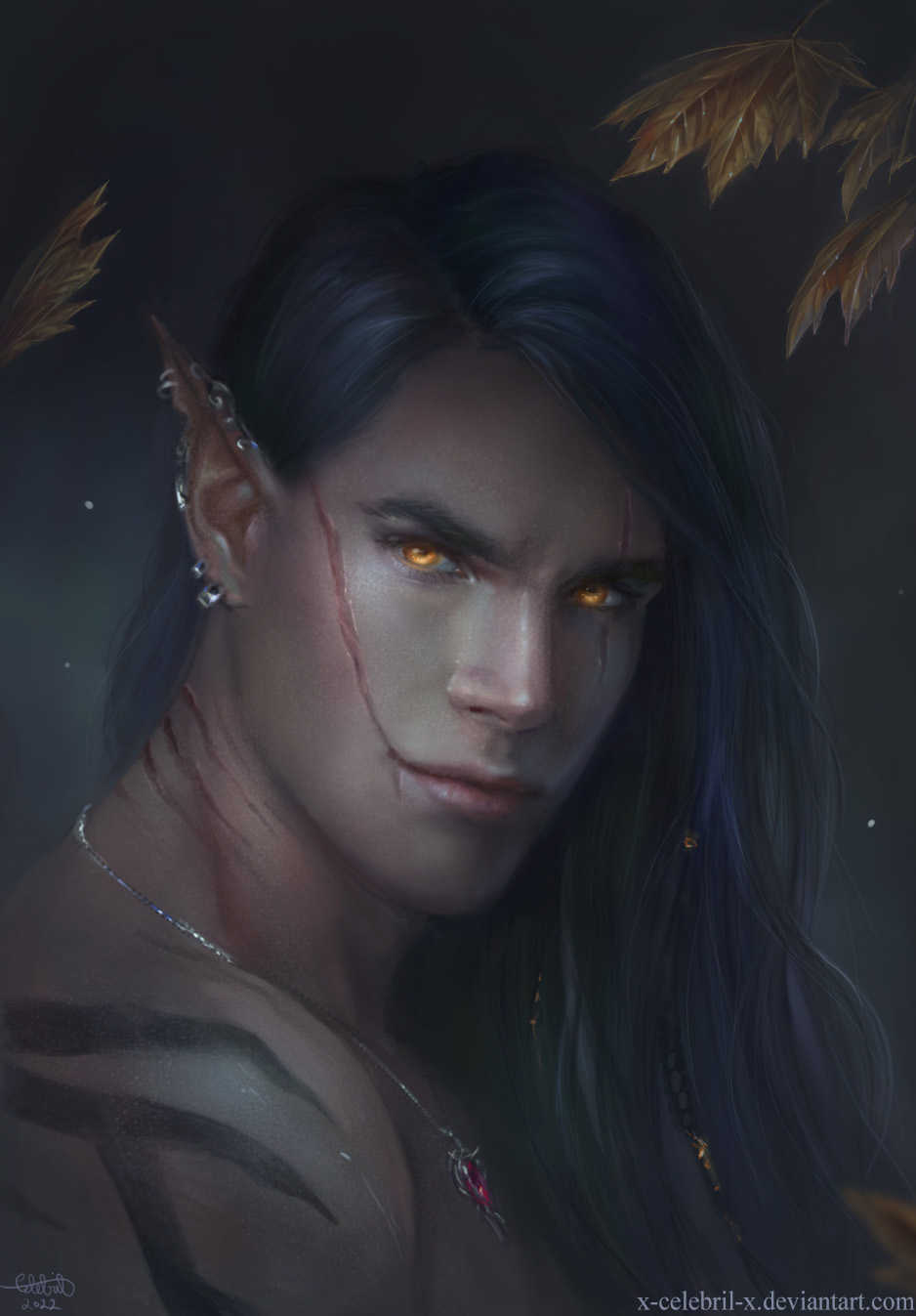 2022 black_hair digital_media_(artwork) ear_piercing ear_ring elf eyebrows eyelashes hair headshot_portrait hi_res humanoid jewelry looking_at_viewer male necklace piercing portrait ring_piercing scar text url x-celebril-x