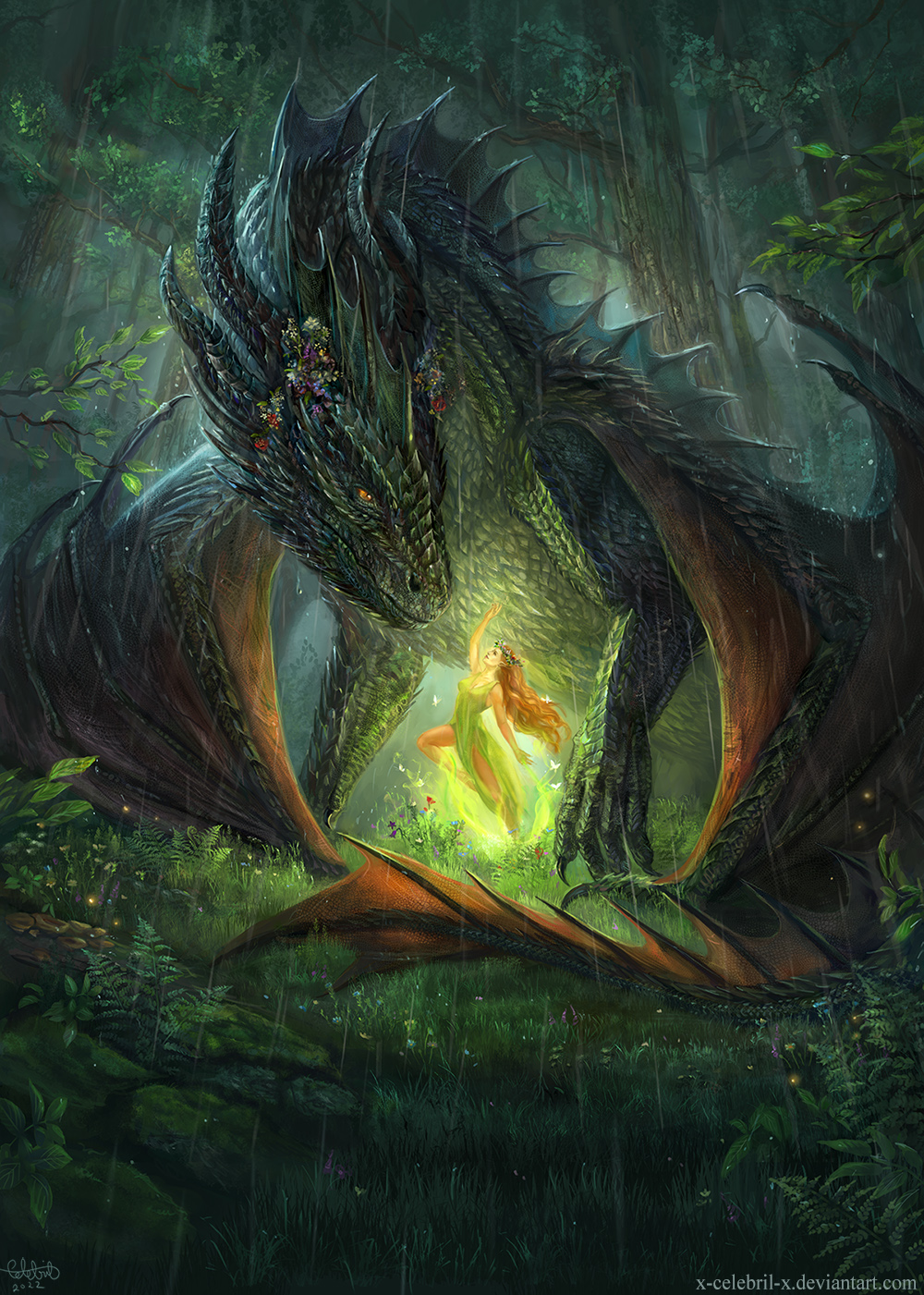 2022 ambiguous_gender claws clothing day detailed_background digital_media_(artwork) dragon dress elf female feral fern forest fur grass green_body green_fur hi_res horn humanoid membrane_(anatomy) membranous_wings orange_eyes outside plant raining scales scalie spines text tree url western_dragon wings x-celebril-x