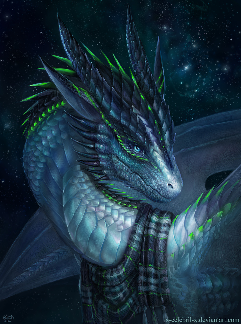 2022 blue_body blue_eyes blue_fur detailed_background digital_media_(artwork) dragon fur hi_res horn membrane_(anatomy) membranous_wings night outside scales scalie scarf sky spines star starry_sky western_dragon wings x-celebril-x