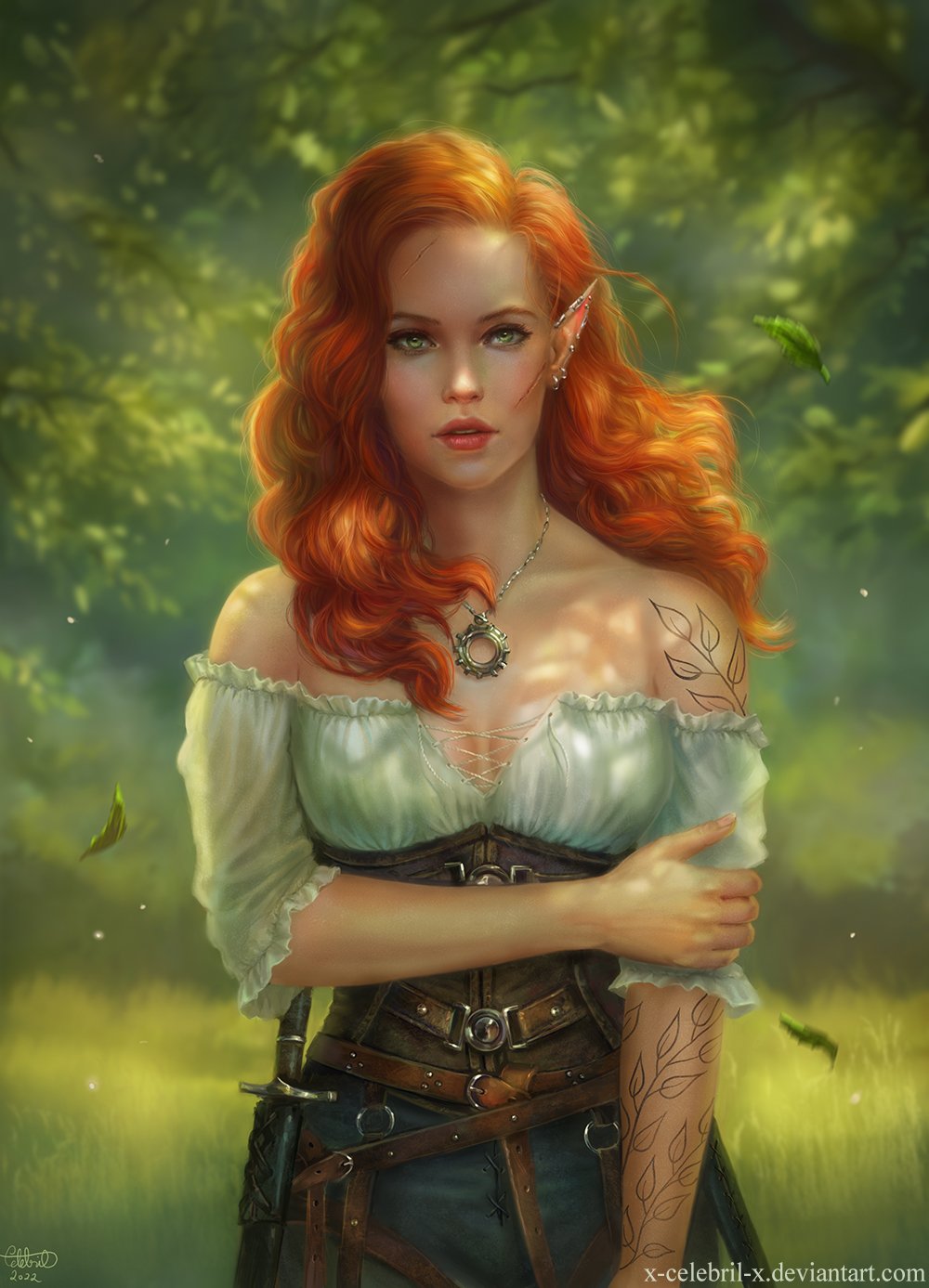 2022 5_fingers clothed clothing day detailed_background digital_media_(artwork) elf eyebrows eyelashes female fingers grass green_eyes hair hi_res humanoid looking_at_viewer orange_hair outside plant solo tattoo text url x-celebril-x