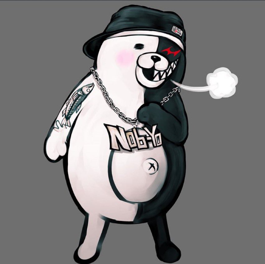 ambiguous_gender anthro arm_tattoo backwards_baseball_cap backwards_hat baseball_cap black_body black_eyes black_nose blush blush_stickers breath_cloud chain_necklace clothing danganronpa featureless_crotch genetic_chimerism gold_chain grey_background grin hat headgear headwear jewelry mammal monokuma mostly_nude multicolored_body navel necklace official_art red_eyes sharp_teeth simple_background smile solo split_color tattoo teeth two_tone_body unknown_artist ursid white_body