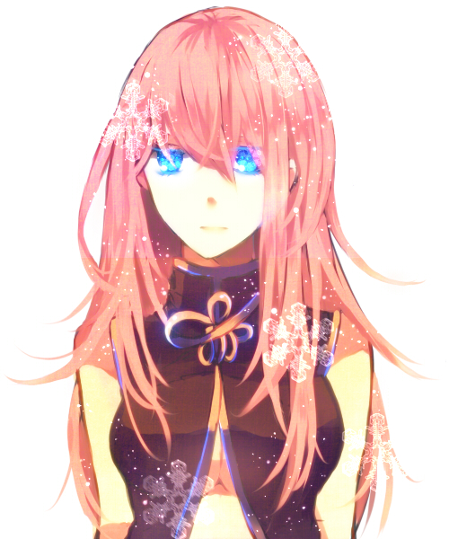 bad_id bad_pixiv_id bangs bare_shoulders blue_eyes breasts closed_mouth hair_between_eyes kurosawa_kazuto large_breasts light_particles long_hair looking_at_viewer megurine_luka no_armwear pink_hair sad simple_background sleeveless smile snowflakes solo upper_body vocaloid white_background