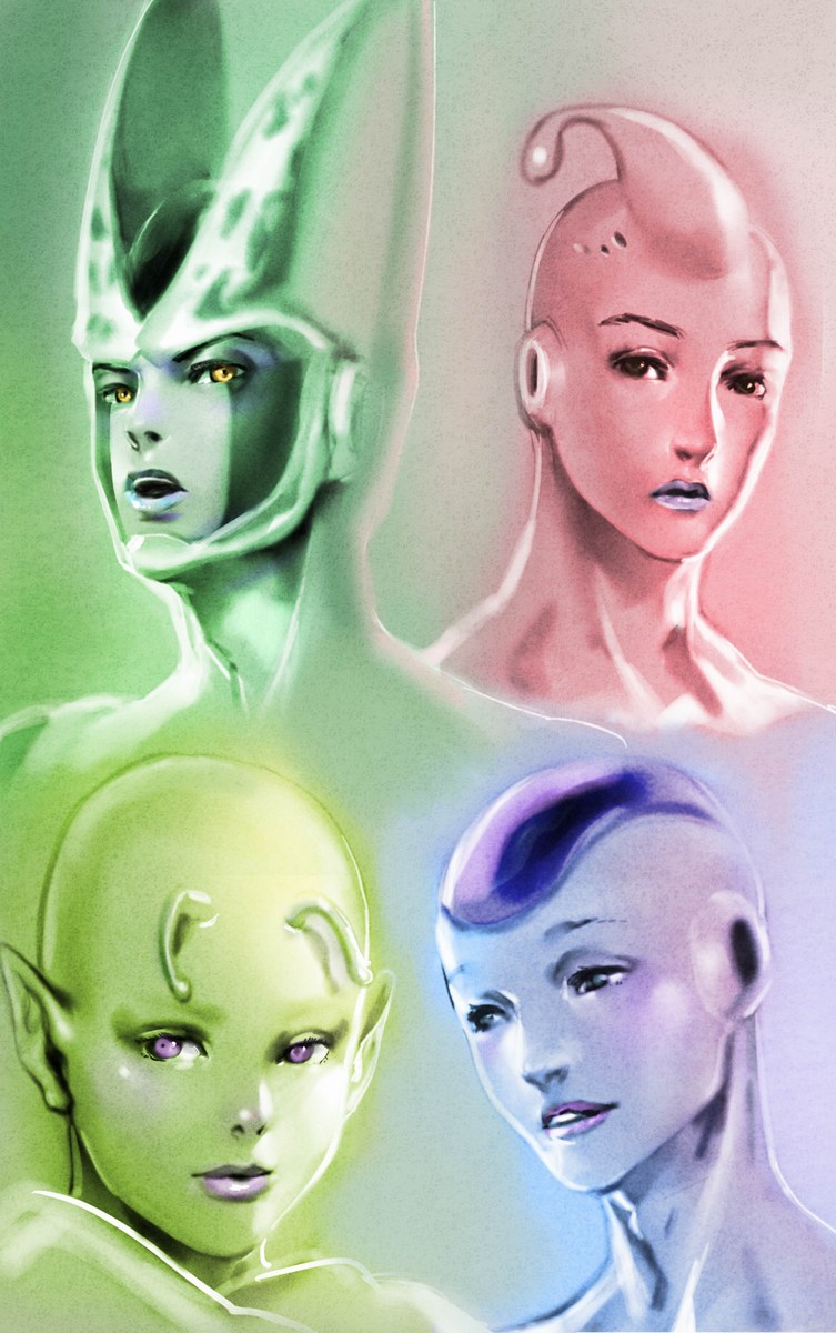 alien antennae bald bow_(bhp) cell_(dragon_ball) dragon_ball dragon_ball_z face frieza highres lips majin_buu multiple_boys perfect_cell piccolo pointy_ears purple_eyes what yellow_eyes