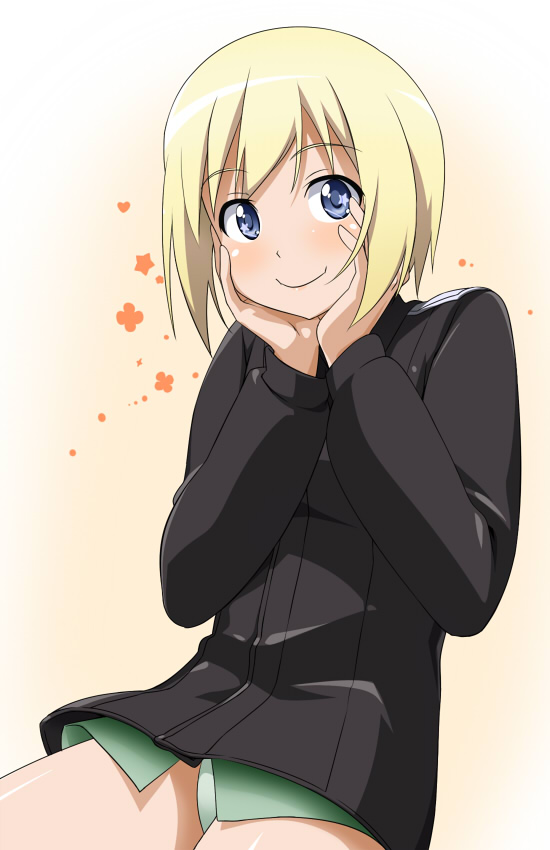 blonde_hair blue_eyes blush erica_hartmann hands_on_own_face military military_uniform panties short_hair smile solo strike_witches underwear uniform world_witches_series youkan