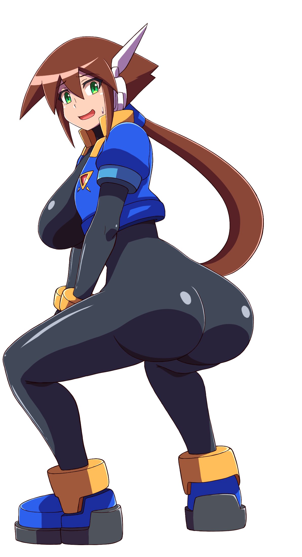 aile_(mega_man_zx) black_bodysuit blue_footwear blue_jacket bodysuit boots breasts brown_hair commentary_request green_eyes highres jacket long_hair mega_man_(series) mega_man_zx mega_man_zx_advent noburockman robot_ears shiny skin_tight slim_legs squatting