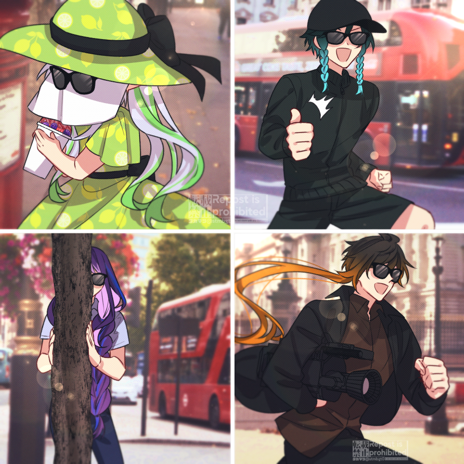 2boys 2girls :d aqua_hair back_bow behind_tree black_bow black_hair black_jacket black_shorts bow bra braid braided_ponytail brown_hair brown_shirt camera commentary cup disguise dress eyewear_on_headwear genshin_impact green_dress green_hair green_headwear hat hat_bow holding holding_camera holding_cup jacket long_hair multicolored_hair multiple_boys multiple_girls nahida_(genshin_impact) orange_hair paparazzi photo_background polka_dot polka_dot_bra polka_dot_headwear purple_hair raiden_shogun shirt shorts smile streaked_hair sun_hat sunglasses takamatsu_(yamajiai) thumbs_up track_jacket twin_braids underwear veil venti_(genshin_impact) very_long_hair video_camera white_hair zhongli_(genshin_impact)