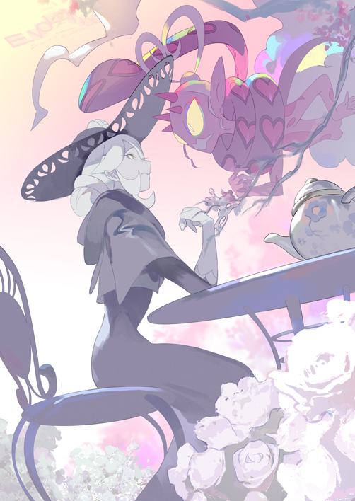 1girl artist_name black_dress black_headwear chair closed_mouth cogita_(pokemon) dress e_volution enamorus enamorus_(incarnate) floral_print flower from_below gloves grey_eyes grey_hair hand_up hat hat_flower looking_up pokemon pokemon_(creature) pokemon_(game) pokemon_legends:_arceus sitting table teapot white_flower